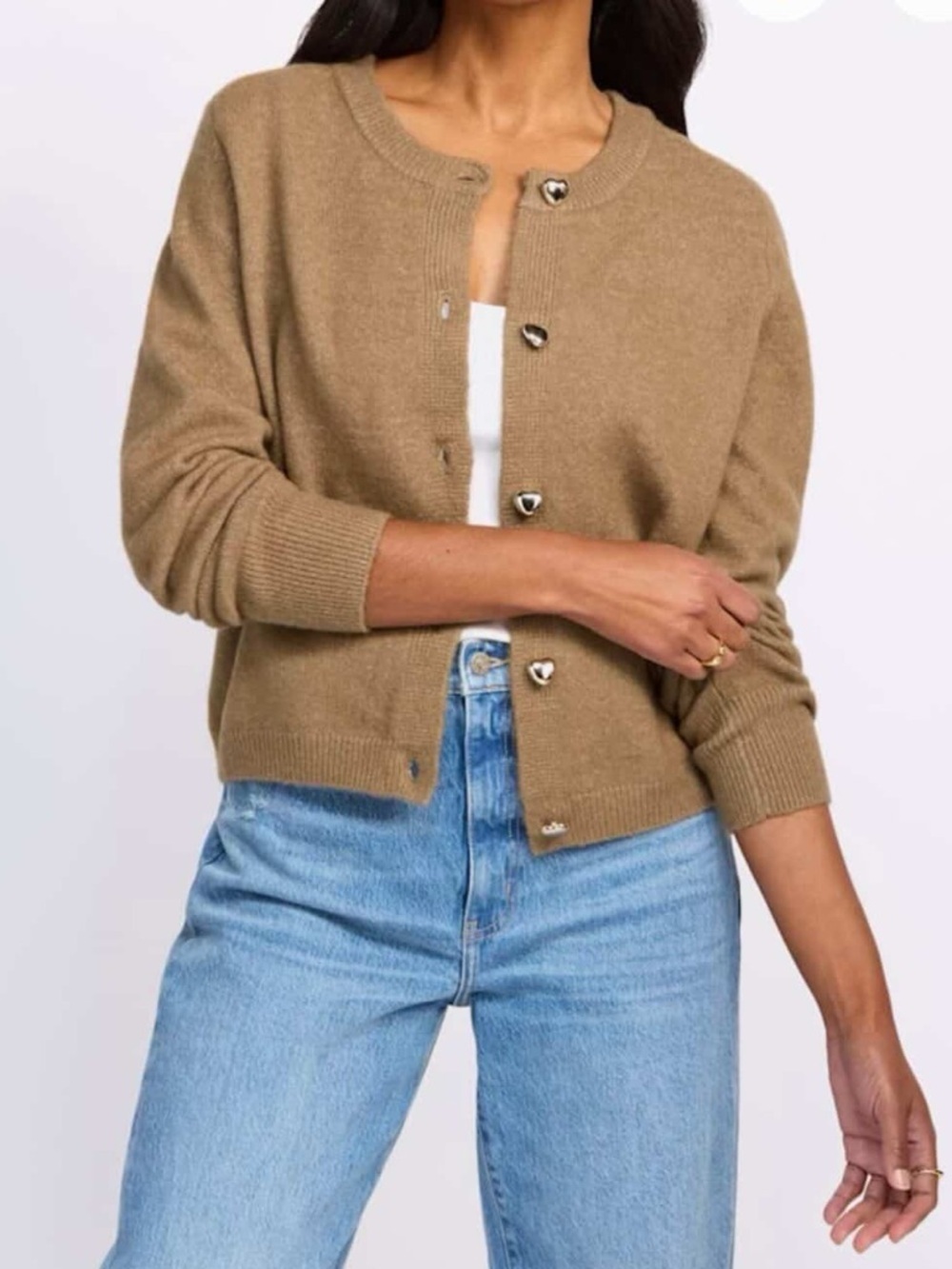 Vero Moda Heart-Button Crewneck Cardigan in Camel Brown